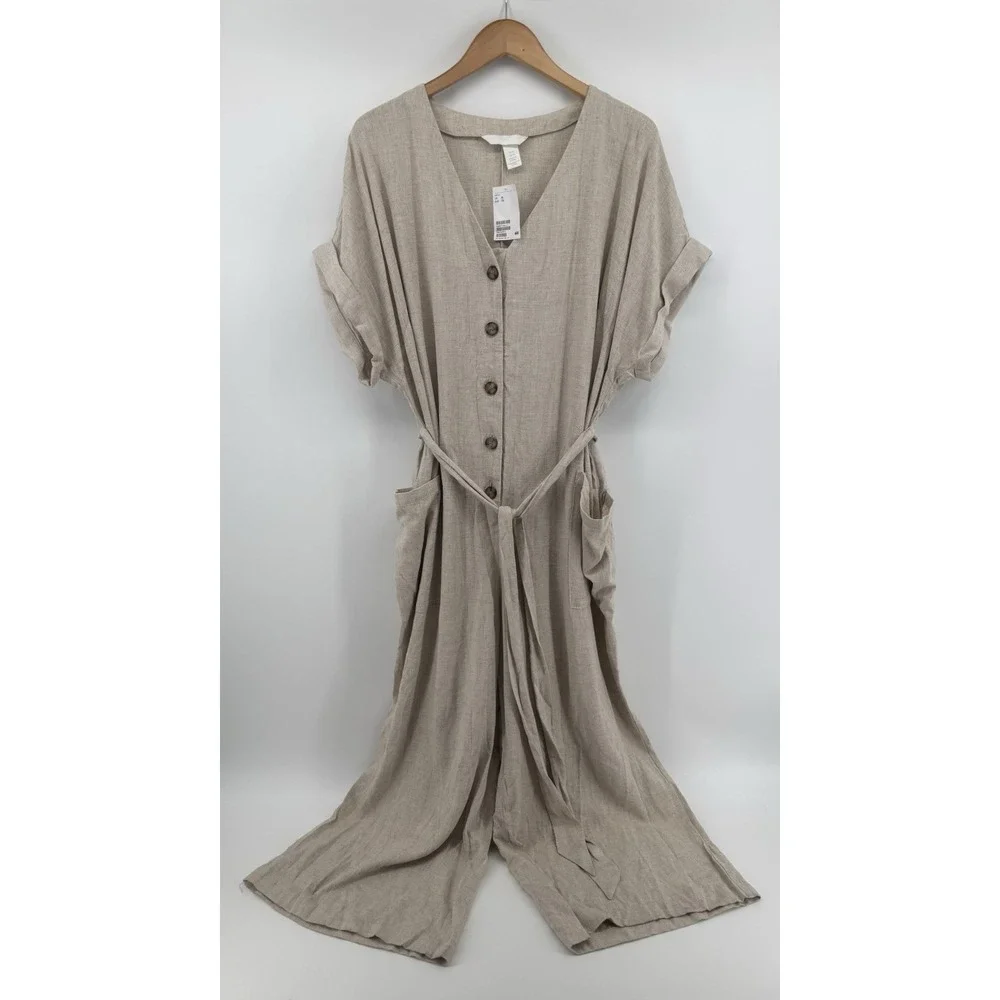 NWT H&M Linen Jumpsuit Sz XL Preppy Resortwear Vacation Cottagecore Momcore